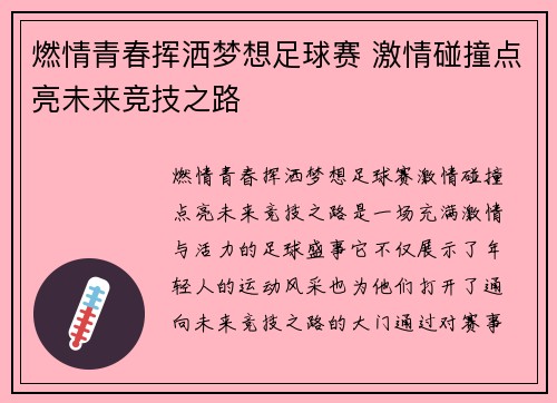 燃情青春挥洒梦想足球赛 激情碰撞点亮未来竞技之路