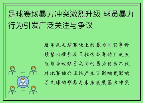 足球赛场暴力冲突激烈升级 球员暴力行为引发广泛关注与争议