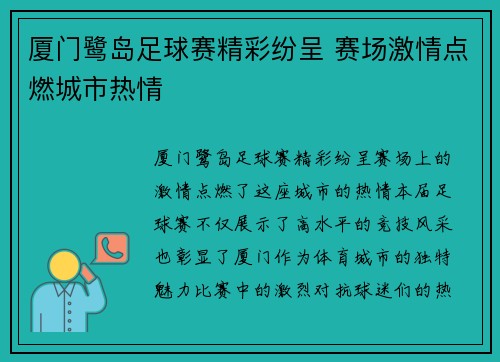 厦门鹭岛足球赛精彩纷呈 赛场激情点燃城市热情