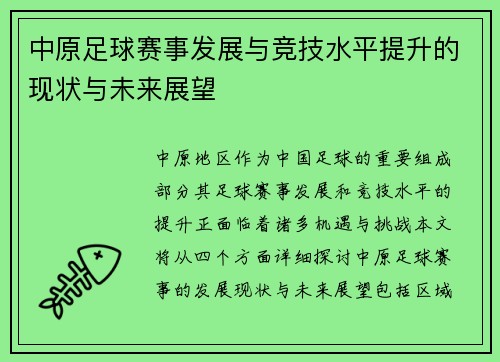中原足球赛事发展与竞技水平提升的现状与未来展望