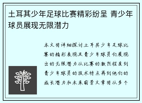 土耳其少年足球比赛精彩纷呈 青少年球员展现无限潜力