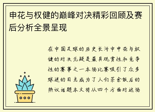 申花与权健的巅峰对决精彩回顾及赛后分析全景呈现