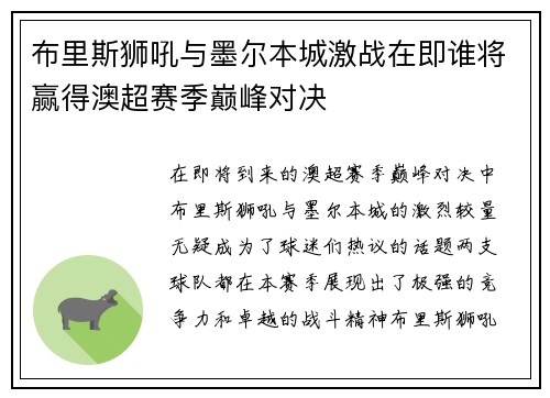 布里斯狮吼与墨尔本城激战在即谁将赢得澳超赛季巅峰对决