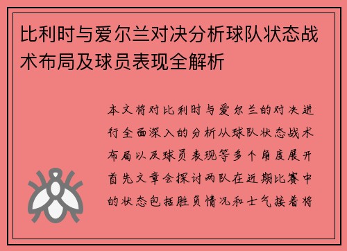 比利时与爱尔兰对决分析球队状态战术布局及球员表现全解析