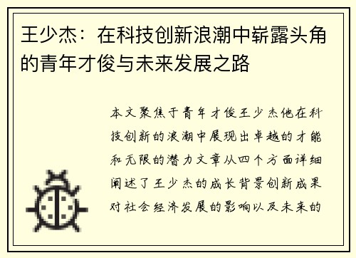 王少杰：在科技创新浪潮中崭露头角的青年才俊与未来发展之路